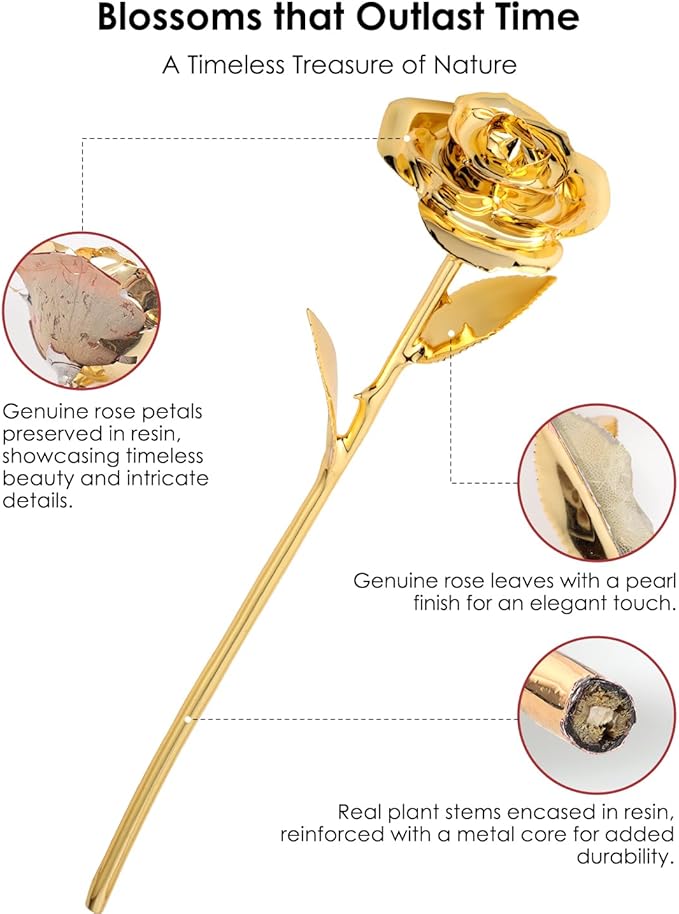 24K Gold Dipped Real Rose – Handpicked Real Rose Preserved in 24K Gold – Elegant, One-of-a-Kind Romantic Gift for Her – Ideal for Birthday, Anniversary, Mother’s Day, Valentine’s Day