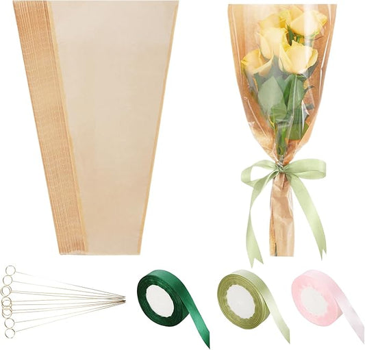 YLQLA 50 Pcs Kraft Flower Wrapping Paper Sleeves for Bouquets, Brown Flora Bouquet Wrapping Paper with Card Holder Picks and Ribbons,9.8x17.9 Inch Packing Sleeves Flower Bags for Flora Bar…