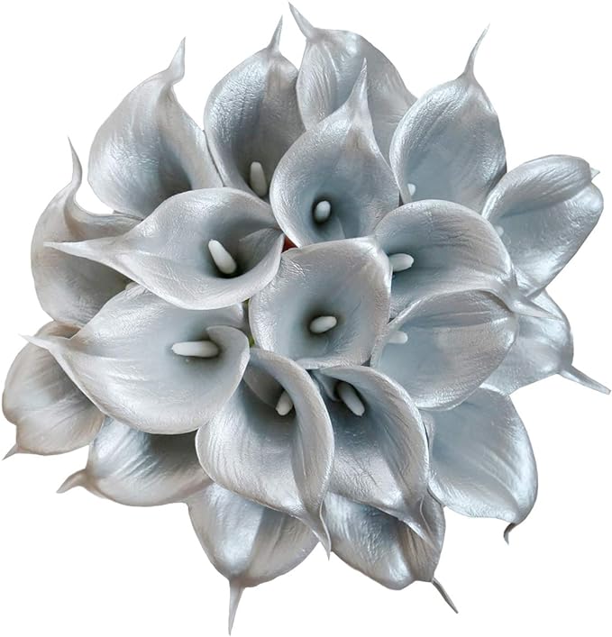 DuHouse 20Pcs Artificial Calla Lily Flower Real Touch Latex Flowers for DIY Wedding Bouquet Party Home Decor (925 Silver)