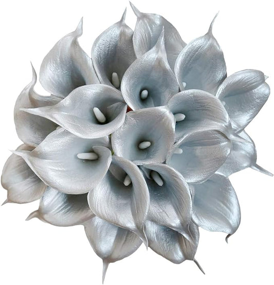DuHouse 20Pcs Artificial Calla Lily Flower Real Touch Latex Flowers for DIY Wedding Bouquet Party Home Decor (925 Silver)