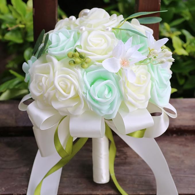 Lightweight Bridal Wedding Bouquet Round Holding Bouquet Throw Toss Artificial Rose Flower Bunch for Bride Bridesmaid Wedding Quinceanera (Cream & Light Cyan, 6.7")