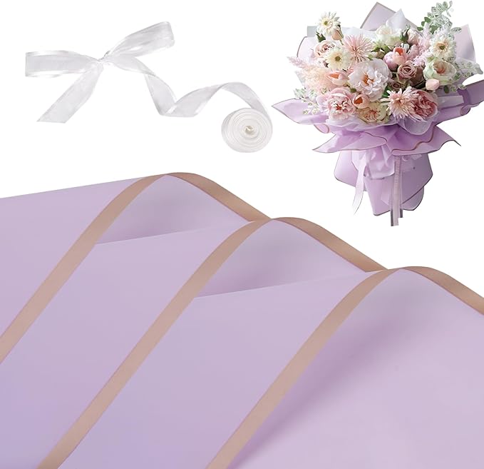 Kosotody 20 Sheets Flower Wrapping Paper Waterproof Florist Bouquet with Ribbon for Bouquets DIY Crafts Packaging Bouquet, 22.8x22.8 inch (Purple), KOS038-WRAPPERPURPLE