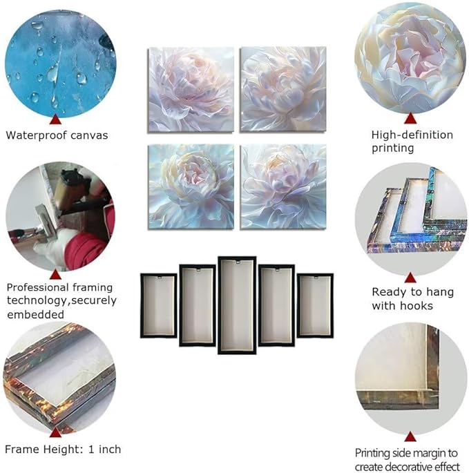 White Flower Canvas Wall Art Floral Pictures Prints Abstract Flower Wall Decor for Living Room Bedroom Bathroom Office Home Decorations Framed Artwork Ready to Hang (12''W x 12''H x 4)