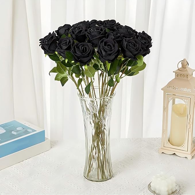 Artificial Roses 12PCS Velvet Rose Real Touch Long Stem Fake Flowers for Floral Arrangement Bridal Wedding Home Party Decor (Black)