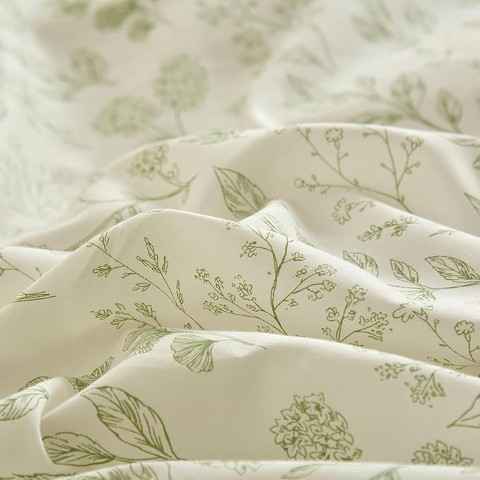 Vintage Boho Floral Duvet Cover Full Size White Green Floral Print Bedding Set Cotton Botanical Floral Comforter Cover Garden Flowers Aesthetic Bedding Cover Boho Style Duvet Cover with Zipper Ties