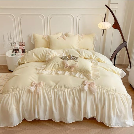 Chic Lace Bedding,Girls Twin Aesthetic Comforter Cover Set,Romantic French Princess Style Ruffled Duvet Cover with Lovely Bow with Zipper Closure-Yellow,Twin Size