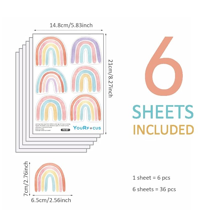 Watercolor Rainbow Wall Decals for Girls Bedroom 36 Pcs, Rainbow Stickers for Wall Mural Vinyl Peel and Stick DIY Decorations (6 Sheets)