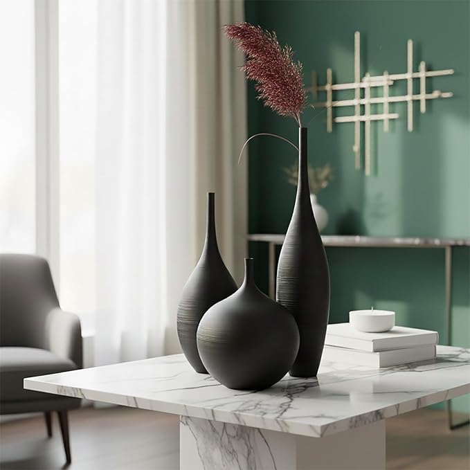 Black Ceramic Vases Set of 3, Modern Boho Vases for Centerpiece Decor, Matte Minimalist Decorative Vases for Home Decor, Living Room, Bookshelf, and Entryway Table Decor