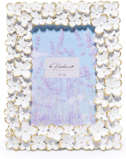 Hodao 4×6 White Floral Picture Frame — Handcrafted Textured Flower Picture Frame with Plastic Photo Cover & Built-In Easel for Tabletop Display, Decorative Home Décor, Nursery & Photo Keepsake