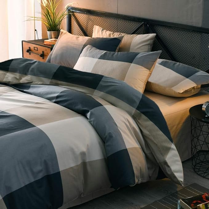 Full Comforter Set Fluffy Modern Style Plaid Comforter Set Checkered Pattern Comforter for Boys Men 3 Pieces Bedding Set 1 Geometric Comforter with 2 Pillow Shams All Season Full Size Comforter Set