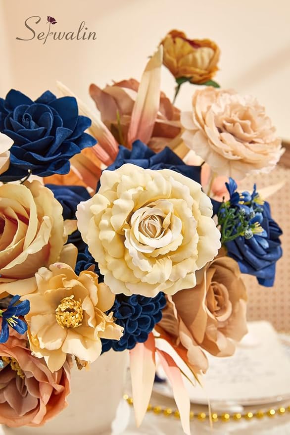 Serwalin Artificial Khaki Brown & Blue Flowers, Silk Fake Flowers for DIY Wedding Bouquets Cake Flower,Table Centerpieces Baby Shower Birthday Party Home Decorations