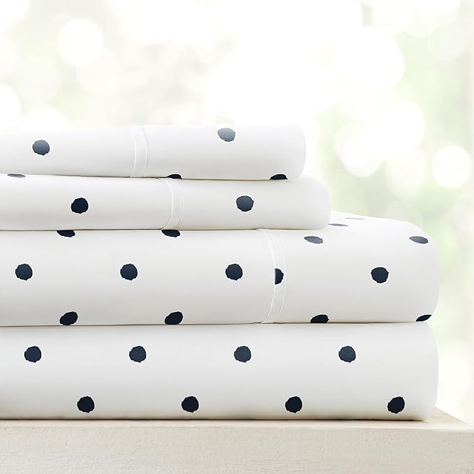 Linen Market Double-Brushed Patterned Microfiber Full Sheet Set 4 Piece – Oeko-TEX Certified Ultra Soft & Wrinkle-Free - 16" Deep Pocket Sheets - Easy Care Full Size - Dots Navy