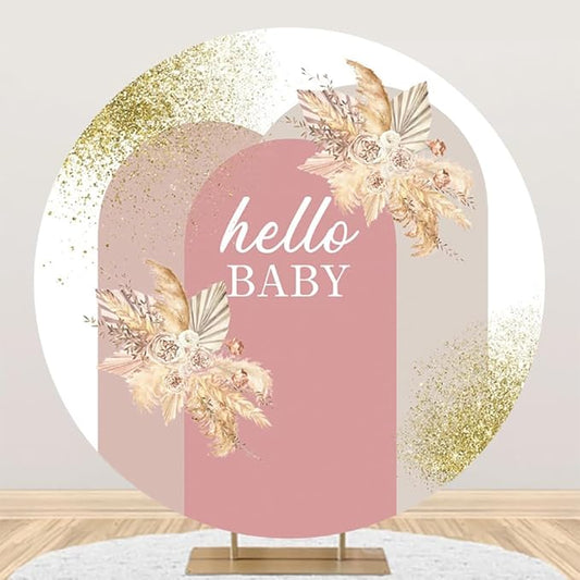 AOFOTO 7x7ft Boho Baby Shower Round Backdrop Cover Bohemian Chic Pink Arch Cover with Flowers Hello Baby Theme Photography Background Newborn Birthday Party Decorations Banner Photo Booth Props