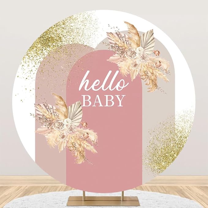 AOFOTO 4x4ft Boho Baby Shower Round Backdrop Cover Bohemian Chic Pink Arch Cover with Flowers Hello Baby Theme Photography Background Newborn Birthday Party Decorations Banner Photo Booth Props