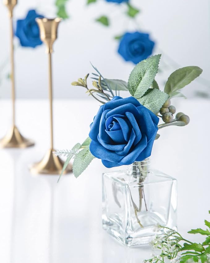 DuHouse 25Pcs Artificial Roses Flowers Fake Roses with Stems Real Touch Foam Flowers for DIY Wedding Bouquet Baby Shower Centerpiece Floral Arrangement Party Home Decor(Royal Blue)