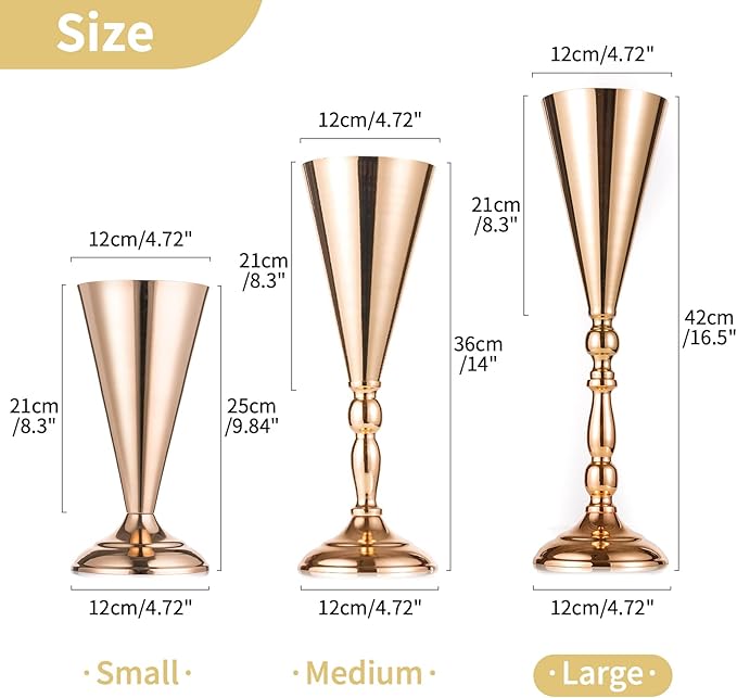 10 Pcs Tabletop Gold Metal Wedding Flower Trumpet Vase, 16.5 inch Table Decorative Centerpiece Artificial Flower Arrangements for Anniversary Ceremony Party Birthday Event Home Decoration (Gold)