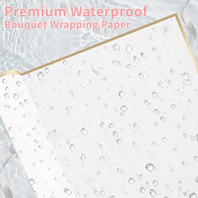 BESUPERT 52Pcs Flower Bouquet Wrapping Paper Kit, 20 Sheets White Waterproof Floral Wrapping Paper, 1 Letter 1 Rhinestone Sticker, 12 Gold 12 Pink Butterflies, 5 Cards, 1 White Ribbon (Gold Edge)