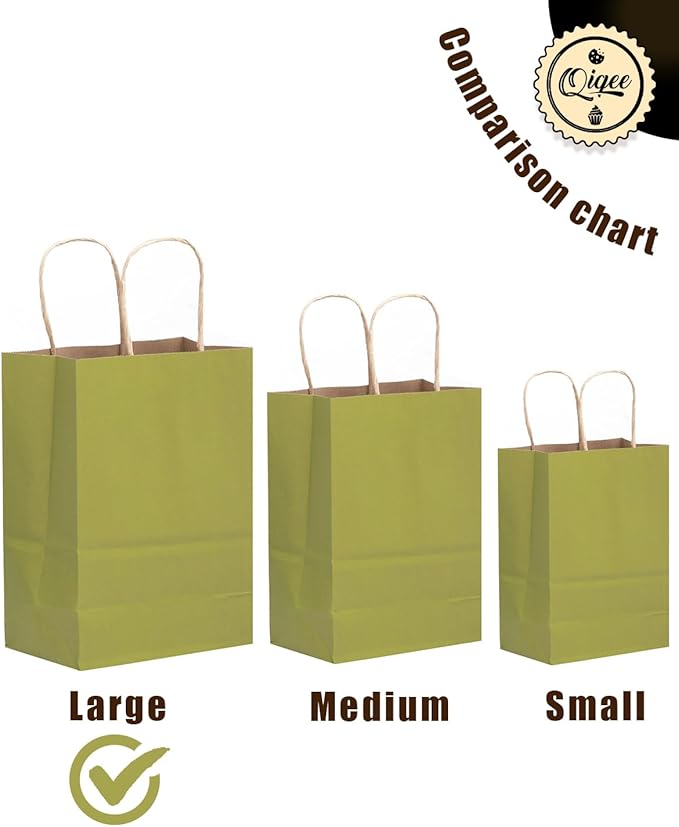 qiqee Large Kraft Paper Bags with Handles 13"x10"x5" 32 pcs Gift Paper Bag Sage Green Solid Color Bags（Large Size）