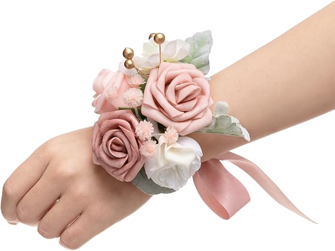 Ling's moment 6pcs Wedding Wrist Corsage Artificial Flowers, Girl/Mother Homecoming Prom Corsages Wristlet Décor, etc. Dusty Rose Pink