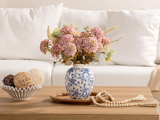 Ceramic Flower Vase, Blue and White Vintage Decorative Vase Chinoiserie Decor Rustic Farmhouse Retro Floral Vases for Table Bookshelf Mantel Kitchen Living Room Office - 7.8inch Blue
