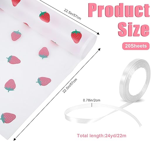 20 Sheets Bouquet Wrapping Paper, 22.4Inch White Strawberry Pattern Flower Floral Wrapping Paper White Floral Paper for Bouquets Kit, Waterproof Decorations with Ribbon for DIY Crafts Wedding Birthday Party