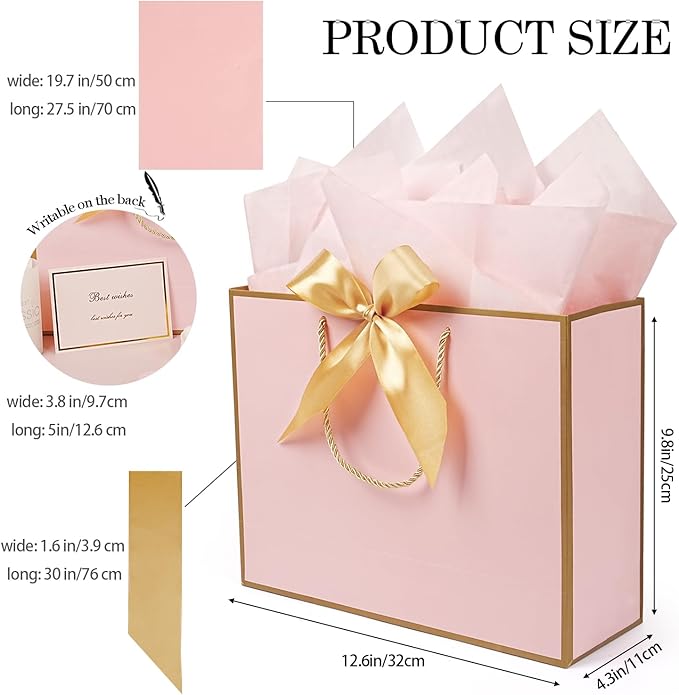13” Pink Gift Bags, 2 PCS Light Pink Gift Bags with Handles Bow Ribbon, Large Gift Bag Set with Tissue Paper Greeting Card , Portable Paper Present Bag for Girls Women Birthday Wedding Baby Shower