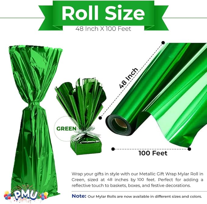 PMU Gift Wrap Mylar Roll Metallic Green 2-sided, 48 Inches X 100 Ft Roll 1.4 Mil Highly Reflective Mylar Film, Great for Gifts, Birthdays, Christmas, Baskets, Arts & Crafts