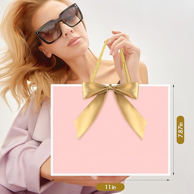 JMANNI Gift Bag, Medium Gift Bags with Tissue Paper, 2Pcs Gift Bags Medium Size with Handle and Bow Ribbon for Any Birthday,Weddings, Mothers Day & Special Occasion 11''x7.87''x4''(Pink-White)