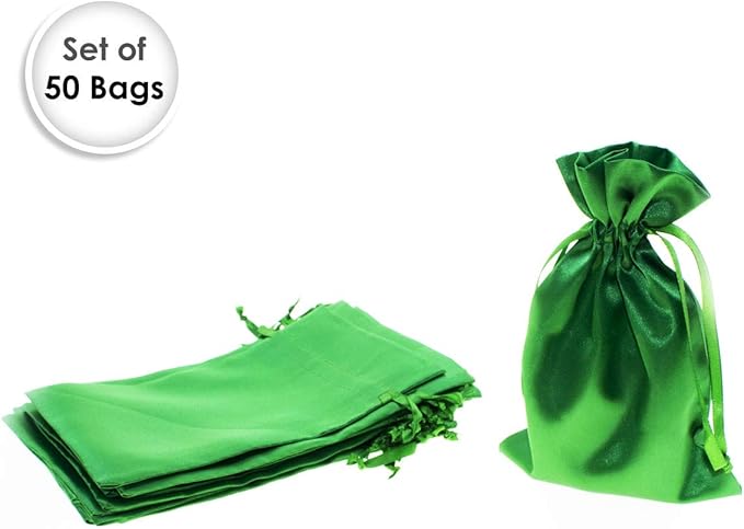 3" x 4" Green Satin Gift Bags, Jewelry Bags, Wedding Favor Silky Drawstring Bags Baby Shower Christmas Gift Bags 50 per Pack