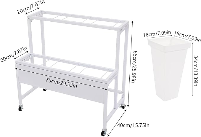 2-Layers Flower Display Stand Metal Flower Display Stand With 6 Pcs Buckets Rolling Plant Stand Flower Cart Moving Florist Bouquet Shelf for Fresh Flower Shop Balcony,Load Capacity 33.07lbs (White)