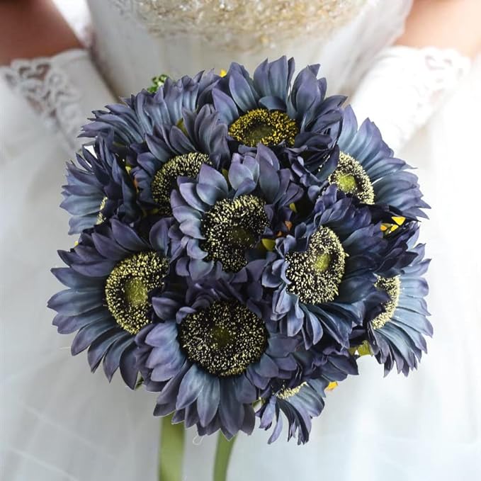 Blue Artificial Sunflower Flowers 8 Pcs Single Long Stem Silk Fake Sunflowers Bridal Wedding Bouquet Fake Yellow Flower Arrangements for Outdoor