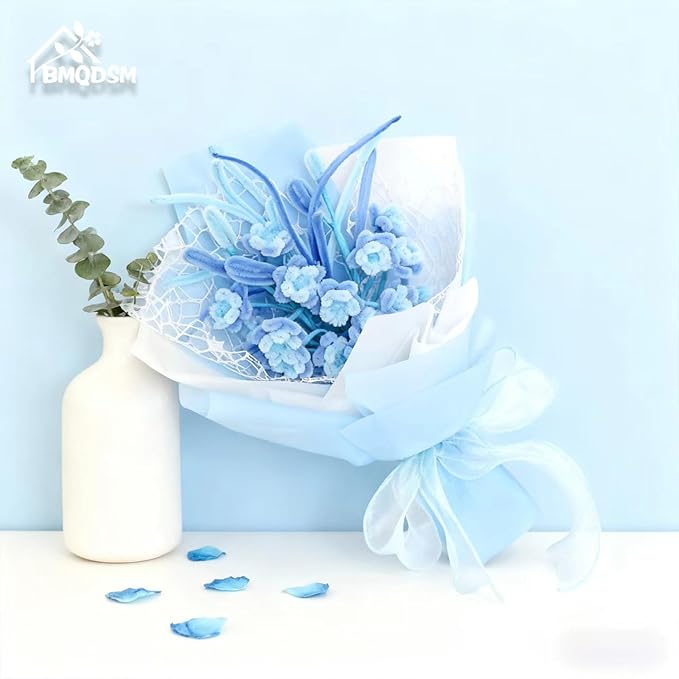 Crochet Flowers Bouquet Gifts for Women Birthday,Gifts for Mom,Preserved Rose Forever Flower,Real Handmade Bouquet for Grandma Sister Wife Her from Daughter (Blue)