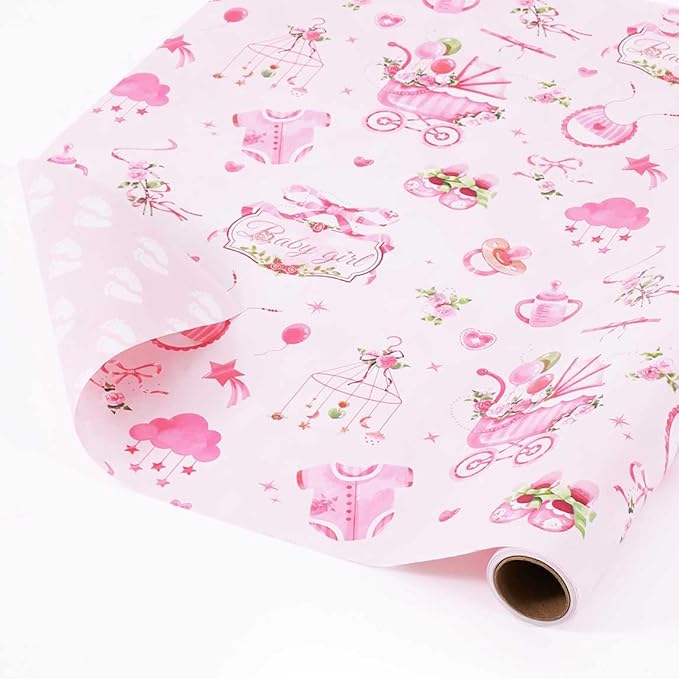 WERNNSAI Baby Girl Wrapping Paper Roll - 1 Roll 17” x16.4 ft Baby Shower Wrapping Paper for Birthday Party Pink Girl Gift Packing Supply Baby Shower Design Reversible Footprint Print