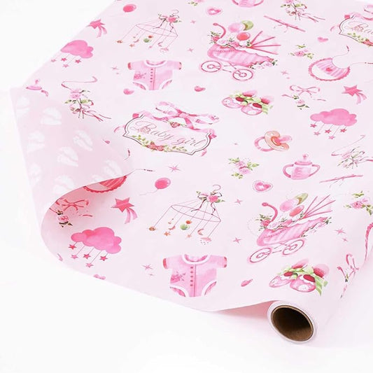WERNNSAI Baby Girl Wrapping Paper Roll - 1 Roll 17” x16.4 ft Baby Shower Wrapping Paper for Birthday Party Pink Girl Gift Packing Supply Baby Shower Design Reversible Footprint Print