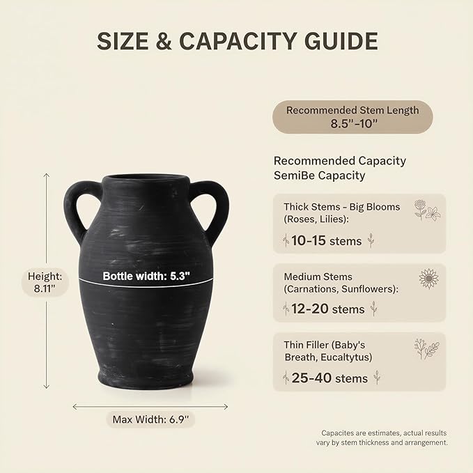 8.1-Inch Black Ceramic Flower Vase with Handles, Rustic Farmhouse Boho Pottery Centerpiece for Table, Living Room & Shelf