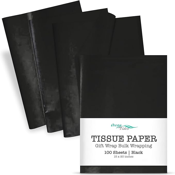 Ocean Tides 100 Sheets (14 x 20 Inches) Christmas Wrapping Paper – Gift Wrapping Tissue Paper Bulk for Crafts, Birthdays, & Holidays – Colored Tissue Papers for Gift Bags & Decorations, Black