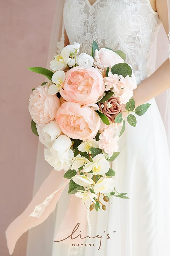 Ling's moment Blush Bridal Bouquet Cascading, Pink Wedding Bouquets for Bride, 13 Inch Bride Bouquets for Wedding Artificial Flowers Bouquets