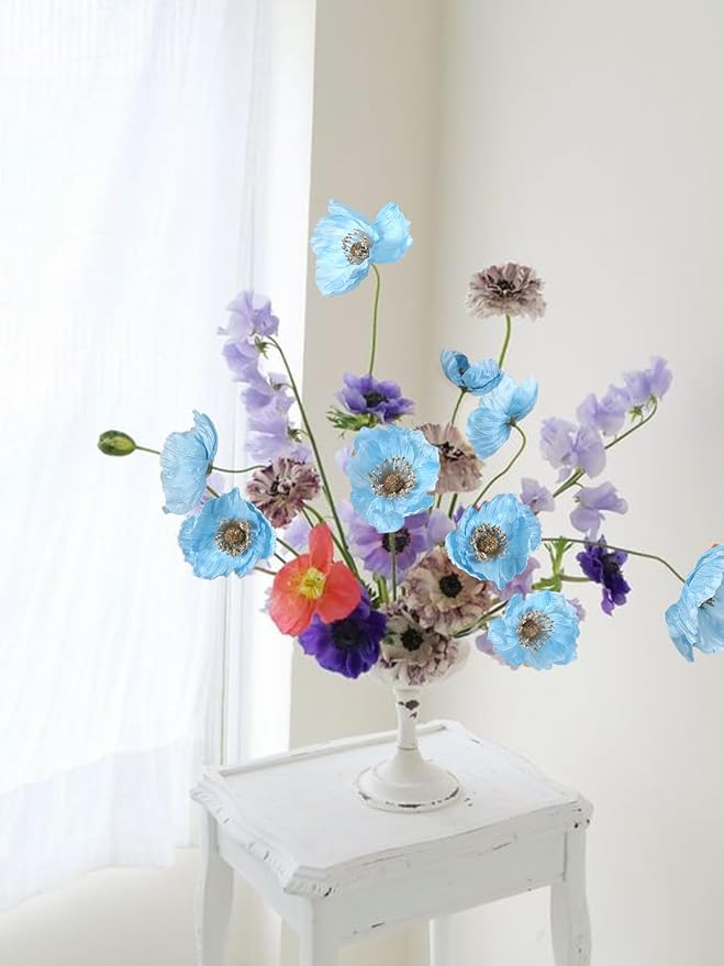IPOPU Sky Blue Artificial Poppy 6pcs Light Blue Fake Poppies Baby Blue Silk Flowers for Baby Shower Centerpieces Bridal Shower Party Decorations (Sky Blue)