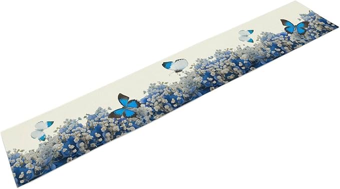 Butterfly Floral Table Runner, Blue White Hydrangea Flowers Bloom Spring Garden Theme Table Runner for Kitchen Dining Holiday Party Wedding, 13x90 Inch