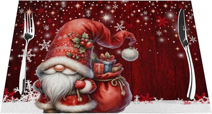 PVC Placemats Set of 4 Wipeable Table Mats Washable Heat Resistant Non Slip Vinyl Dining Table Mat for Kitchen Indoor Outdoor Patio Farmhouse Place Mats Red Santa Claus Gnome Decorative