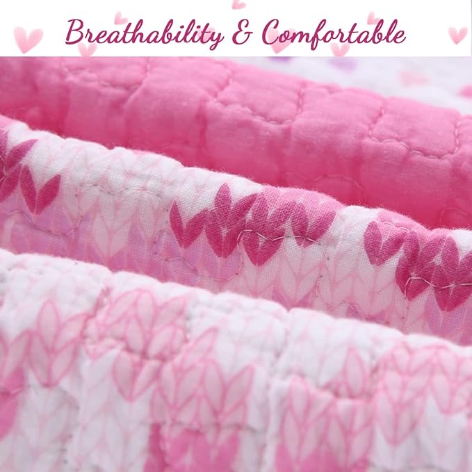 Cozy Line Home Fashions Cute Pink Butterfly Stripe Hearts 100% Cotton Soft Bedding Quilt Set, Coverlet, Bedspread (Queen - 6 Piece)
