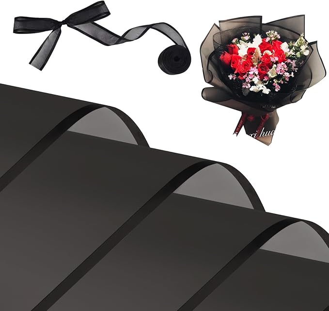 Kosotody 20 Sheets Frosted Flower Wrapping Paper Black Line Waterproof Florist Bouquet with Ribbon for Bouquets DIY Crafts Packaging Bouquet, 22.8x22.8 inch (Black), KOS039-FROSTWRAPSWHITE