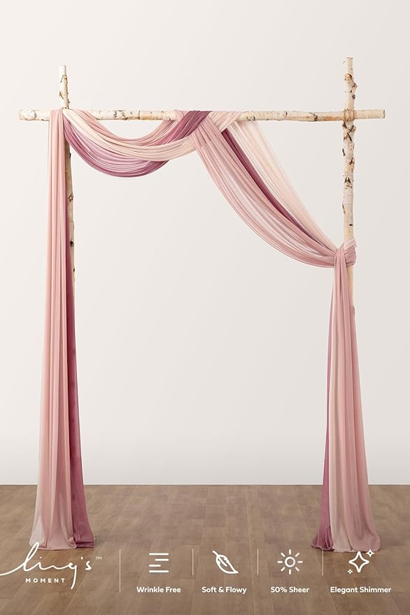 Ling's Moment Wedding Arch Draping Fabric 3 Panels 20Ft Chiffon Fabric,Sheer Draping Fabic for Wedding Arrangement Ceremony Reception Backdrop Party Swag Home Decor (Dusty Rose & Mauve & Blush)
