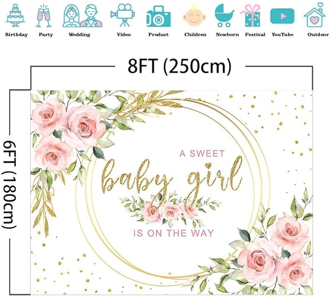 Mocsicka Floral Sweet Baby Girl Backdrop It's a Girl Baby Shower Background Watercolor Pink Floral Baby Shower Party Cake Table Decoration Photo Booth Props (8x6ft)