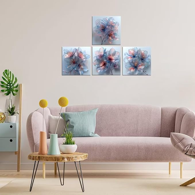 Pankila Abstract Flower Wall Art Blooming Flowers Pictures Canvas Prints Blue Pink Flower Wall Decor for Living Room Bedroom Bathroom Home Decorations Painting Framed Artwork (16''W x 16''H x 4)