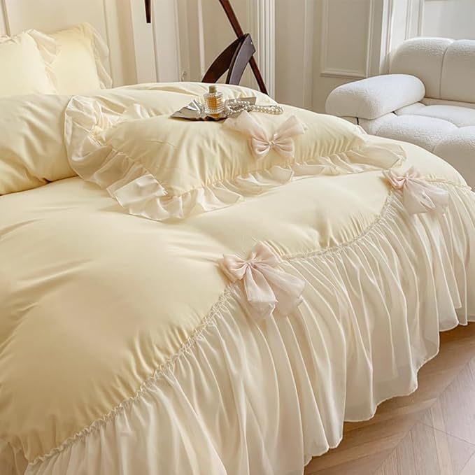 Ruffled Bedding Bow Duvet Cover Set with Butterfly Tie, Full Comforter Cover Set, Shabby Chic Bedding Set,Romantic French Princess Style -Yellow,Full