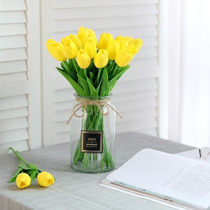 30 Pcs Fake Latex Tulips Artificial Flowers Faux Tulip Stems Real Touch Tulips for Wedding Party Home Decoration(Yellow)