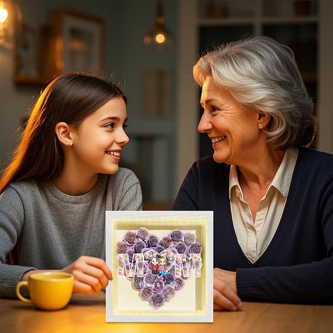 Personalized Mom Flower Shadow Box with LED Light Custom Heart Shaped Rose Flower Shadow Box Frame Mother's Day Mother and Daughter Portrait Shadowbox Memory Gifts for Mom from Daughter Birthday