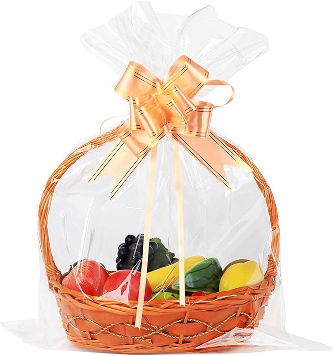 UltraOutlet 50 Packs Large Cellophane Bags 18" x 24" Clear Cellophane Gift Basket Wraps 2.3 Mil Thick Clear Cello Bags for Fruit Basket, Gift Wrap, Treats, Arts and Crafts, 50ct Ribbon Bows
