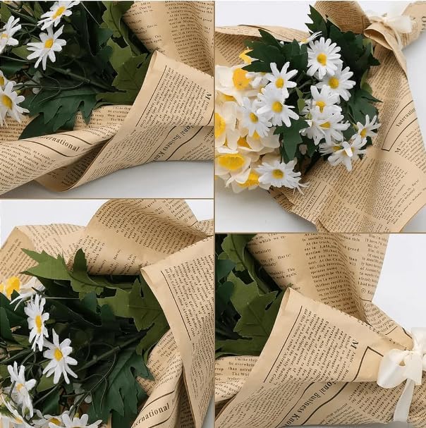 LeZakaa 20 Sheets Kraft Newsprint Flower Wrapping Paper -Reversible Floral Bouquet Paper -Black Font Kraft Newsprint Design for Valentine's Day, Mother's Day, Parties, Birthdays, Weddings, Baby Shower